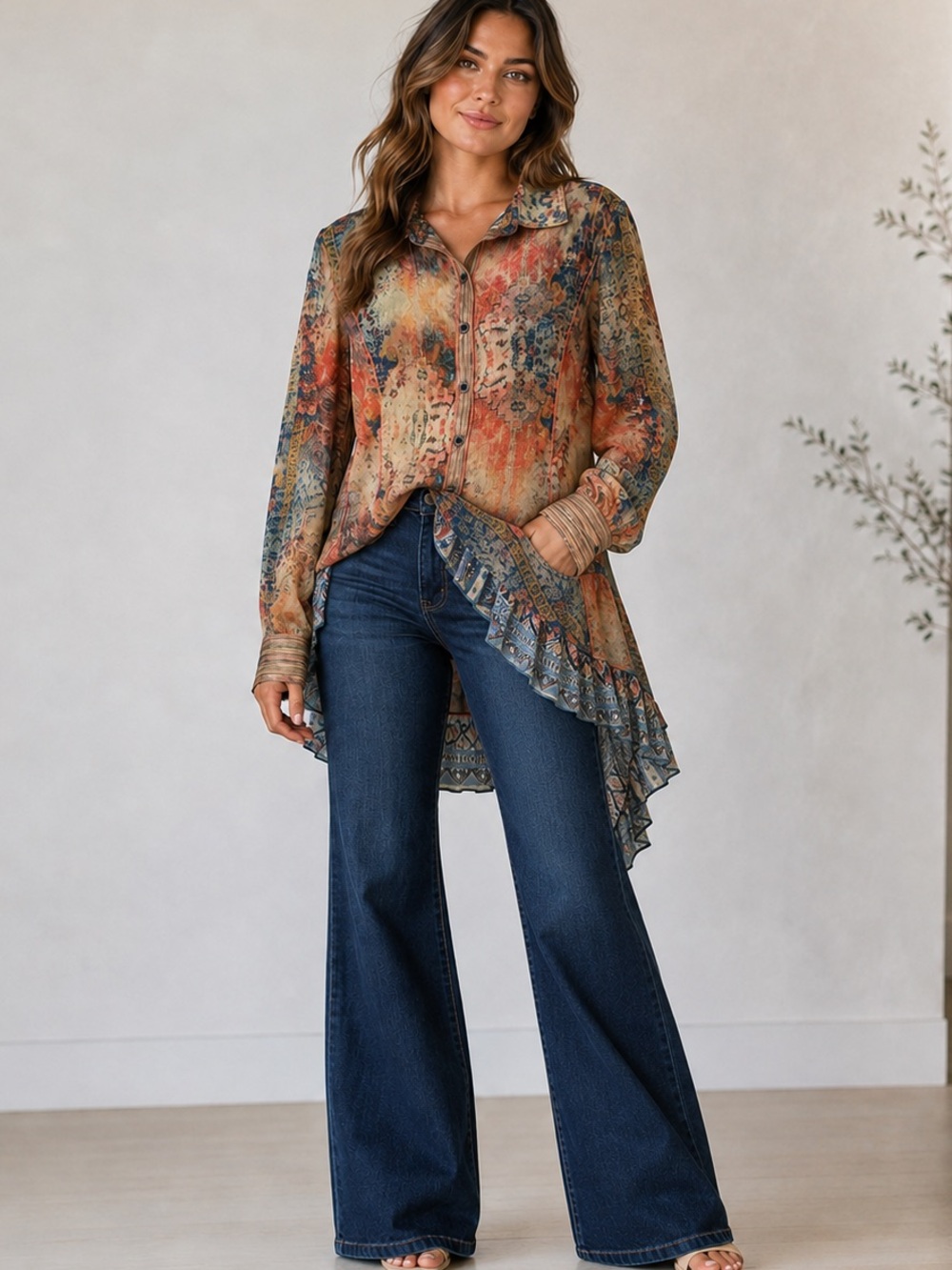John Mark Size M Boho Patchwork Embroidered Button-Down Top Multicolor